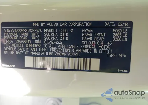 2018 Volvo Xc90 T6 Momentum z USA, uszkodzony, nr VIN YV4A22PK4J1377876